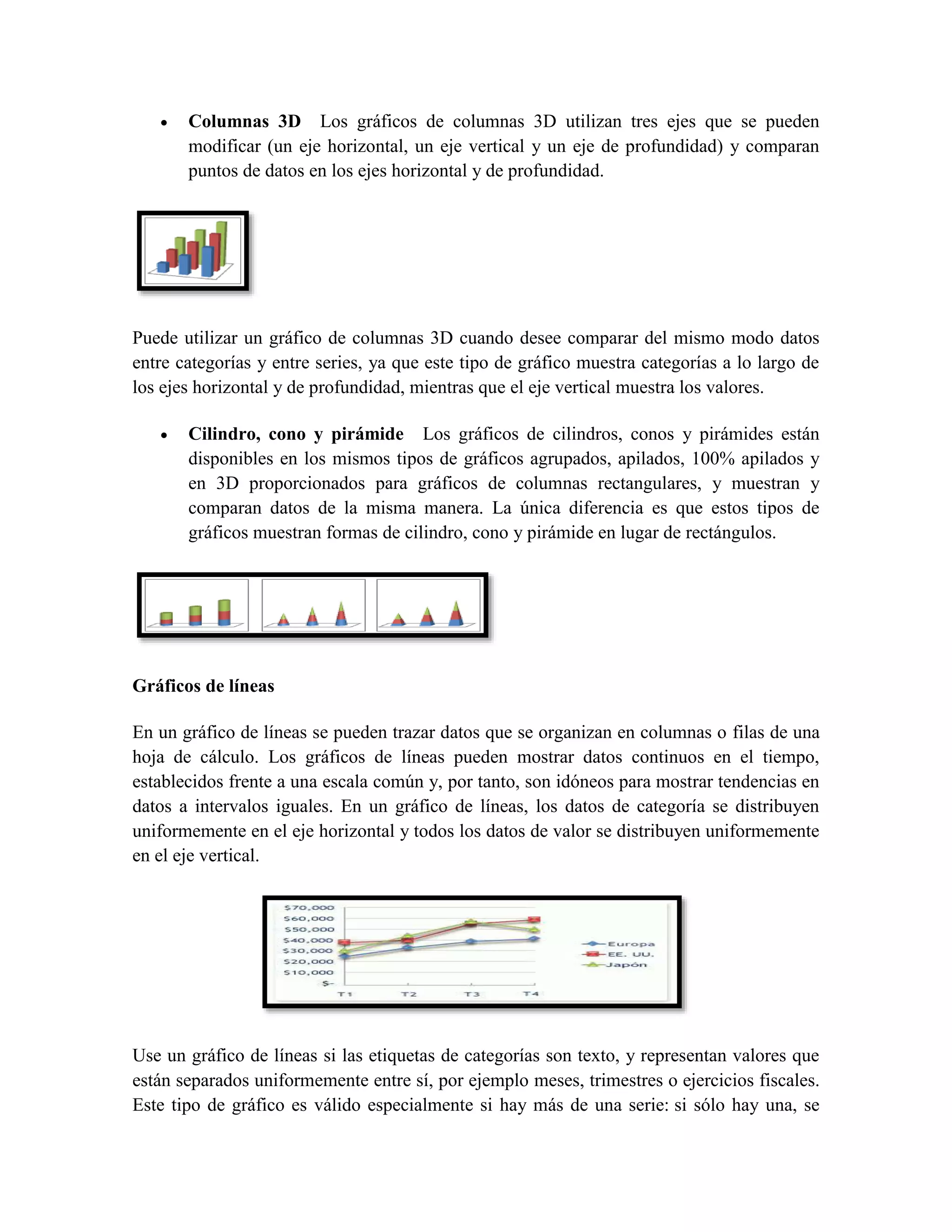  Columnas 3D Los gráficos de columnas 3D utilizan tres ejes que se pueden 
modificar (un eje horizontal, un eje vertical y un eje de profundidad) y comparan 
puntos de datos en los ejes horizontal y de profundidad. 
Puede utilizar un gráfico de columnas 3D cuando desee comparar del mismo modo datos 
entre categorías y entre series, ya que este tipo de gráfico muestra categorías a lo largo de 
los ejes horizontal y de profundidad, mientras que el eje vertical muestra los valores. 
 Cilindro, cono y pirámide Los gráficos de cilindros, conos y pirámides están 
disponibles en los mismos tipos de gráficos agrupados, apilados, 100% apilados y 
en 3D proporcionados para gráficos de columnas rectangulares, y muestran y 
comparan datos de la misma manera. La única diferencia es que estos tipos de 
gráficos muestran formas de cilindro, cono y pirámide en lugar de rectángulos. 
Gráficos de líneas 
En un gráfico de líneas se pueden trazar datos que se organizan en columnas o filas de una 
hoja de cálculo. Los gráficos de líneas pueden mostrar datos continuos en el tiempo, 
establecidos frente a una escala común y, por tanto, son idóneos para mostrar tendencias en 
datos a intervalos iguales. En un gráfico de líneas, los datos de categoría se distribuyen 
uniformemente en el eje horizontal y todos los datos de valor se distribuyen uniformemente 
en el eje vertical. 
Use un gráfico de líneas si las etiquetas de categorías son texto, y representan valores que 
están separados uniformemente entre sí, por ejemplo meses, trimestres o ejercicios fiscales. 
Este tipo de gráfico es válido especialmente si hay más de una serie: si sólo hay una, se 
 