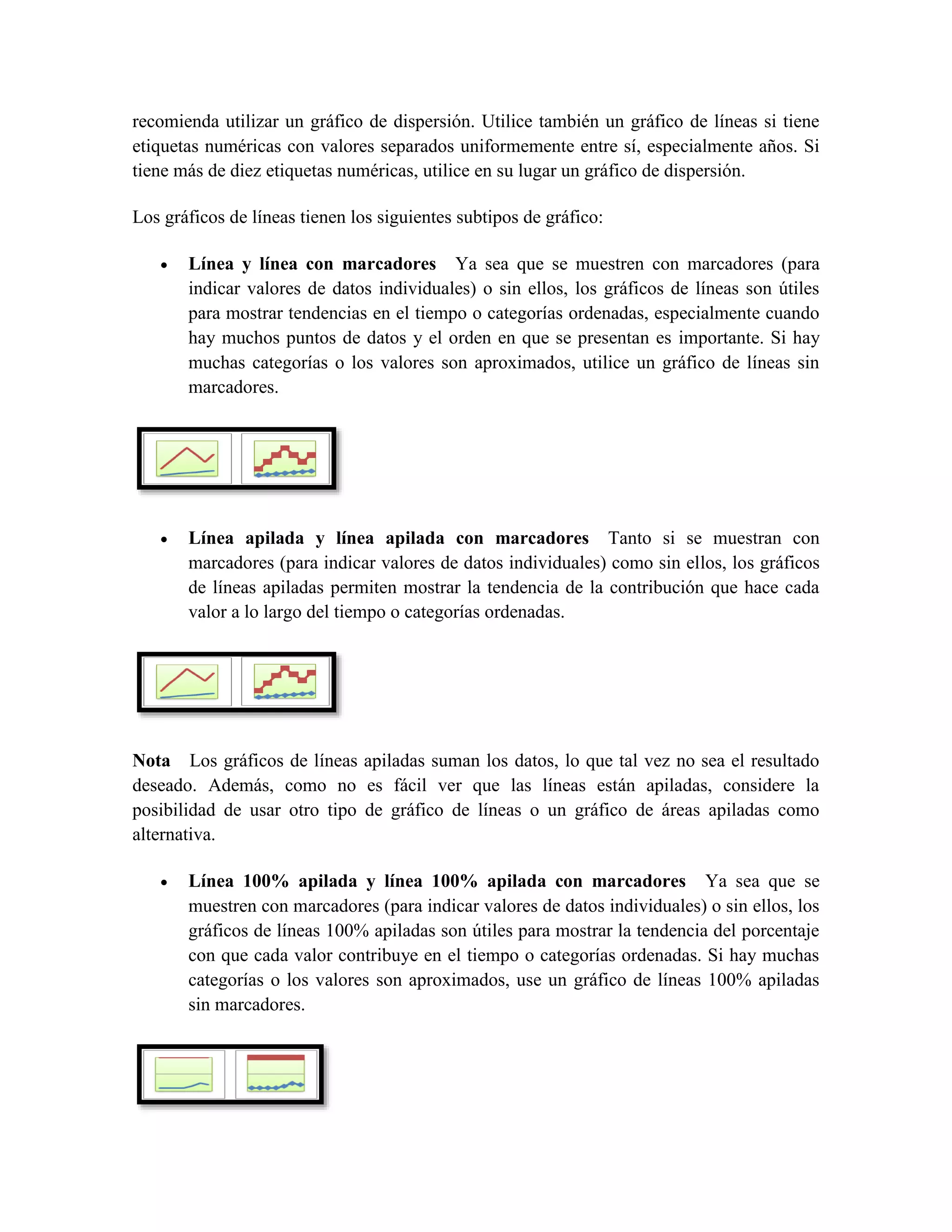 recomienda utilizar un gráfico de dispersión. Utilice también un gráfico de líneas si tiene 
etiquetas numéricas con valores separados uniformemente entre sí, especialmente años. Si 
tiene más de diez etiquetas numéricas, utilice en su lugar un gráfico de dispersión. 
Los gráficos de líneas tienen los siguientes subtipos de gráfico: 
 Línea y línea con marcadores Ya sea que se muestren con marcadores (para 
indicar valores de datos individuales) o sin ellos, los gráficos de líneas son útiles 
para mostrar tendencias en el tiempo o categorías ordenadas, especialmente cuando 
hay muchos puntos de datos y el orden en que se presentan es importante. Si hay 
muchas categorías o los valores son aproximados, utilice un gráfico de líneas sin 
marcadores. 
 Línea apilada y línea apilada con marcadores Tanto si se muestran con 
marcadores (para indicar valores de datos individuales) como sin ellos, los gráficos 
de líneas apiladas permiten mostrar la tendencia de la contribución que hace cada 
valor a lo largo del tiempo o categorías ordenadas. 
Nota Los gráficos de líneas apiladas suman los datos, lo que tal vez no sea el resultado 
deseado. Además, como no es fácil ver que las líneas están apiladas, considere la 
posibilidad de usar otro tipo de gráfico de líneas o un gráfico de áreas apiladas como 
alternativa. 
 Línea 100% apilada y línea 100% apilada con marcadores Ya sea que se 
muestren con marcadores (para indicar valores de datos individuales) o sin ellos, los 
gráficos de líneas 100% apiladas son útiles para mostrar la tendencia del porcentaje 
con que cada valor contribuye en el tiempo o categorías ordenadas. Si hay muchas 
categorías o los valores son aproximados, use un gráfico de líneas 100% apiladas 
sin marcadores. 
 