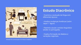 Evolução da comunicação: da música à telefonia.
Estudo Diacrônico
• Examina a evolução da língua em
diferentes épocas.
• Analisa mudanças fonéticas (Latim
'aqua' > 'água').
• Rastreia causas: contato linguístico
(árabe no português).
• Explica formação de dialetos e
variações regionais.
 