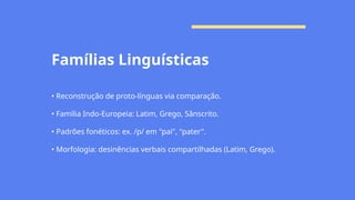 Famílias Linguísticas
• Reconstrução de proto-línguas via comparação.
• Família Indo-Europeia: Latim, Grego, Sânscrito.
• Padrões fonéticos: ex. /p/ em "pai", "pater".
• Morfologia: desinências verbais compartilhadas (Latim, Grego).
 