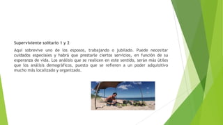 Superviviente solitario 1 y 2
Aquí sobrevive uno de los esposos, trabajando o jubilado. Puede necesitar
cuidados especiales y habrá que prestarle ciertos servicios, en función de su
esperanza de vida. Los análisis que se realicen en este sentido, serán más útiles
que los análisis demográficos, puesto que se refieren a un poder adquisitivo
mucho más localizado y organizado.
 