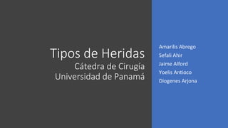 Tipos de Heridas
Cátedra de Cirugía
Universidad de Panamá
Amarilis Abrego
Sefali Ahir
Jaime Alford
Yoelis Antioco
Diogenes Arjona
 