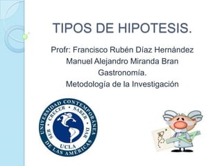 TIPOS DE HIPOTESIS.
Profr: Francisco Rubén Díaz Hernández
Manuel Alejandro Miranda Bran
Gastronomía.
Metodología de la Investigación

 