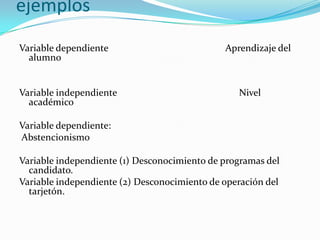 ejemplos
Variable dependiente                          Aprendizaje del
  alumno


Variable independiente                           Nivel
  académico

Variable dependiente:
Abstencionismo

Variable independiente (1) Desconocimiento de programas del
  candidato.
Variable independiente (2) Desconocimiento de operación del
  tarjetón.
 