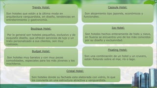 Trendy Hotel:
Son hoteles que están a la última moda en
arquitectura vanguardista, en diseño, tendencias en
entretenimiento y gastronomía.
Boutique Hotel:
Por lo general son hoteles pequeños, exclusivo y de
exquisito diseño, que ofrecen servicios de lujo y un
trato personalizado a sus clientes, son muy
costosos.
. Budget Hotel:
Son hoteles muy baratos y con muy pocas
comodidades, especiales para los más jóvenes y los
mochileros.
Capsule Hotel:
Son alojamiento tipo japonés, económicos y
funcionales.
Floating Hotel:
Son una combinación de un hotel y un crucero,
están flotando sobre el mar, río o lago.
Ice Hotel:
Son hoteles hechos enteramente de hielo y nieve,
en Suecia se encuentra uno de los más conocidos
por su diseño y exclusividad.
Cristal Hotel:
Son hoteles donde su fachada esta elaborada con vidrio, lo que
los convierte en una estructura atractiva y vanguardista.
 
