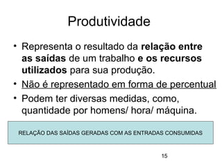 15
Produtividade
• Representa o resultado da relação entre
as saídas de um trabalho e os recursos
utilizados para sua produção.
• Não é representado em forma de percentual
• Podem ter diversas medidas, como,
quantidade por homens/ hora/ máquina.
RELAÇÃO DAS SAÍDAS GERADAS COM AS ENTRADAS CONSUMIDAS
 