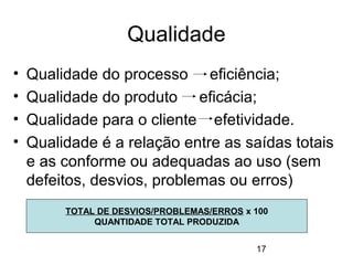 17
Qualidade
• Qualidade do processo eficiência;
• Qualidade do produto eficácia;
• Qualidade para o cliente efetividade.
• Qualidade é a relação entre as saídas totais
e as conforme ou adequadas ao uso (sem
defeitos, desvios, problemas ou erros)
TOTAL DE DESVIOS/PROBLEMAS/ERROS x 100
QUANTIDADE TOTAL PRODUZIDA
 