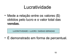 19
Lucratividade
• Mede a relação entre os valores ($)
obtidos pelo lucro e o valor total das
vendas.
• É demonstrado em forma de percentual.
LUCRATIVIDADE = LUCRO / SAÍDAS GERADAS
 
