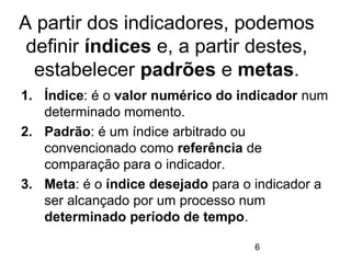 6
A partir dos indicadores, podemos
definir índices e, a partir destes,
estabelecer padrões e metas.
1. Índice: é o valor numérico do indicador num
determinado momento.
2. Padrão: é um índice arbitrado ou
convencionado como referência de
comparação para o indicador.
3. Meta: é o índice desejado para o indicador a
ser alcançado por um processo num
determinado período de tempo.
 