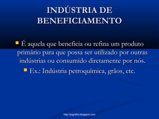 INDÚSTRIA DEINDÚSTRIA DE
BENEFICIAMENTOBENEFICIAMENTO
 É aquela que beneficia ou refina um produtoÉ aquela que beneficia ou refina um produto
primário para que possa ser utilizado por outrasprimário para que possa ser utilizado por outras
indústrias ou consumido diretamente por nós.indústrias ou consumido diretamente por nós.
 Ex.: Indústria petroquímica, grãos, etc.Ex.: Indústria petroquímica, grãos, etc.
http://jografia.blogspot.com
 