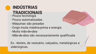 - Pouca tecnologia
- Pouco automatizadas
- Máquinas são pesadas
- Exige muita matéria-prima e energia
- Muita mão-de-obra
- Mão-de-obra não necessariamente qualificada
Ex.: têxteis, de vestuário, calçados, metalúrgicas e
siderúrgicas.
INDÚSTRIAS
TRADICIONAIS
 