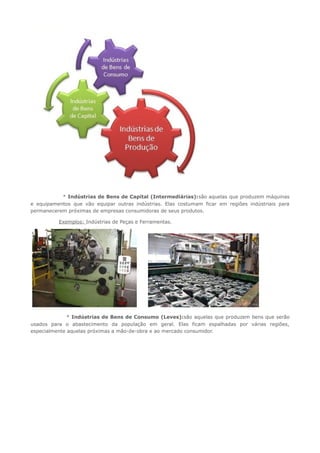……………* Indústrias de Bens de Capital (Intermediárias):são aquelas que produzem máquinas
e equipamentos que vão equipar outras indústrias. Elas costumam ficar em regiões indústriais para
permanecerem próximas de empresas consumidoras de seus produtos.
……..………Exemplos: Indústrias de Peças e Ferramentas.
.
……………..* Indústrias de Bens de Consumo (Leves):são aquelas que produzem bens que serão
usados para o abastecimento da população em geral. Elas ficam espalhadas por várias regiões,
especialmente aquelas próximas a mão-de-obra e ao mercado consumidor.
 