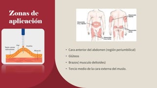 Zonas de
aplicación
• Cara anterior del abdomen (región periumbilical)
• Glúteos
• Brazos( musculo deltoides)
• Tercio medio de la cara externa del muslo.
 