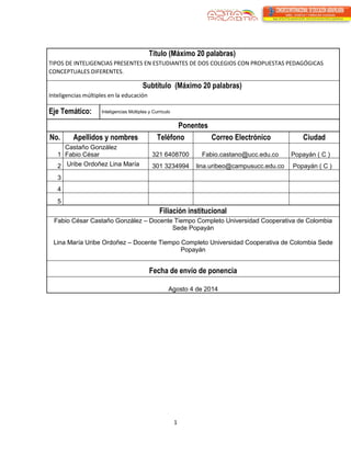 1 
Título (Máximo 20 palabras) 
TIPOS DE INTELIGENCIAS PRESENTES EN ESTUDIANTES DE DOS COLEGIOS CON PROPUESTAS PEDAGÓGICAS CONCEPTUALES DIFERENTES. 
Subtítulo (Máximo 20 palabras) 
Inteligencias múltiples en la educación 
Eje Temático: 
Inteligencias Múltiples y Currículo 
Ponentes 
No. 
Apellidos y nombres 
Teléfono 
Correo Electrónico 
Ciudad 
1 
Castaño González 
Fabio César 
321 6408700 
Fabio.castano@ucc.edu.co 
Popayán ( C ) 
2 
Uribe Ordoñez Lina María 
301 3234994 
lina.uribeo@campusucc.edu.co 
Popayán ( C ) 
3 
4 
5 
Filiación institucional 
Fabio César Castaño González – Docente Tiempo Completo Universidad Cooperativa de Colombia Sede Popayán 
Lina María Uribe Ordoñez – Docente Tiempo Completo Universidad Cooperativa de Colombia Sede Popayán 
Fecha de envío de ponencia 
Agosto 4 de 2014  