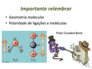Importante relembrar
• Geometria molecular
• Polaridade de ligações e moléculas
 