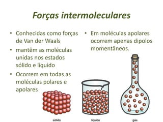 Forças intermoleculares
• Conhecidas como forças
de Van der Waals
• mantêm as moléculas
unidas nos estados
sólido e líquido
• Ocorrem em todas as
moléculas polares e
apolares
• Em moléculas apolares
ocorrem apenas dipolos
momentâneos.
 
