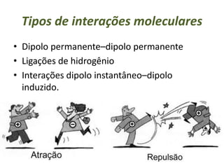 Tipos de interações moleculares
• Dipolo permanente–dipolo permanente
• Ligações de hidrogênio
• Interações dipolo instantâneo–dipolo
induzido.
 