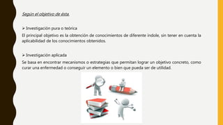 Según el objetivo de ésta.
 Investigación pura o teórica
El principal objetivo es la obtención de conocimientos de diferente índole, sin tener en cuenta la
aplicabilidad de los conocimientos obtenidos.
 Investigación aplicada
Se basa en encontrar mecanismos o estrategias que permitan lograr un objetivo concreto, como
curar una enfermedad o conseguir un elemento o bien que pueda ser de utilidad.
 