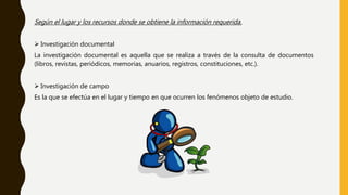 Según el lugar y los recursos donde se obtiene la información requerida.
 Investigación documental
La investigación documental es aquella que se realiza a través de la consulta de documentos
(libros, revistas, periódicos, memorias, anuarios, registros, constituciones, etc.).
 Investigación de campo
Es la que se efectúa en el lugar y tiempo en que ocurren los fenómenos objeto de estudio.
 