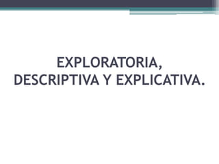 EXPLORATORIA,
DESCRIPTIVA Y EXPLICATIVA.
 
