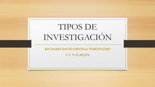 TIPOS DE
INVESTIGACIÓN
RICHARD DAVID ORTEGA TORTOLERO
C.I. V-15,382,076
 