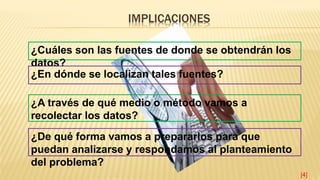 IMPLICACIONES
¿Cuáles son las fuentes de donde se obtendrán los
datos?
¿En dónde se localizan tales fuentes?
¿A través de qué medio o método vamos a
recolectar los datos?
¿De qué forma vamos a prepararlos para que
puedan analizarse y respondamos al planteamiento
del problema?
[4]
 