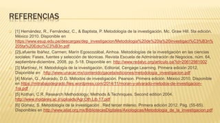 REFERENCIAS
 [1] Hernández, R., Fernández, C., & Baptista, P. Metodología de la investigación. Mc. Graw Hill. 5ta edición.
México 2010. Disponible en
https://www.esup.edu.pe/descargas/dep_investigacion/Metodologia%20de%20la%20investigaci%C3%B3n%
205ta%20Edici%C3%B3n.pdf
 [2]Lafuente Ibáñez, Carmen; Marín Egoscozábal, Ainhoa. Metodologías de la investigación en las ciencias
sociales: Fases, fuentes y selección de técnicas. Revista Escuela de Administración de Negocios, núm. 64,
septiembre-diciembre, 2008, pp. 5-18. Disponible en: http://www.redalyc.org/articulo.oa?id=20612981002
 [3] Martínez, H. Metodología de la investigación. Editorial, Cengage Learning. Primera edición 2012.
Disponible en http://www.unacar.mx/contenido/gaceta/ediciones/metodologia_investigacion.pdf
 [4] Moran, G., Alvarado, D.G. Métodos de investigación. Pearson. Primera edición. México 2010. Disponible
en https://mitrabajodegrado.files.wordpress.com/2014/11/moran-y-alvarado-metodos-de-investigacion-
1ra.pdf
 [5] Kothari, C.R. Research Methodology; Methods & Techniques. Second edition 2004.
http://www.modares.ac.ir/uploads/Agr.Oth.Lib.17.pdf
 [6] Gómez, S. Metodología de la investigación . Red tercer milenio. Primera edición 2012. Pág. (55-65).
Disponibles en http://www.aliat.org.mx/BibliotecasDigitales/Axiologicas/Metodologia_de_la_investigacion.pdf
 