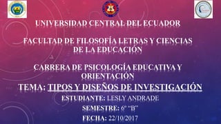 UNIVERSIDAD CENTRAL DEL ECUADOR
FACULTAD DE FILOSOFÍA LETRAS Y CIENCIAS
DE LA EDUCACIÓN
CARRERA DE PSICOLOGÍA EDUCATIVA Y
ORIENTACIÓN
TEMA: TIPOS Y DISEÑOS DE INVESTIGACIÓN
ESTUDIANTE: LESLY ANDRADE
SEMESTRE: 6º “B”
FECHA: 22/10/2017
 