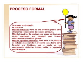PROCESO FORMAL Se emplea en el estudio.  se divide en:  Método deductivo:  Parte de una premisa general para obtener las conclusiones de un caso particular.  Método inductivo:  Se analizan solo casos particulares, cuyos resultados son tomados para extraer conclusiones de carácter general.  Método hipotético-deductivo:  Éste lleva a un proceso de inducción que remite el problema a una teoría para formular una hipótesis, que a través de un razonamiento deductivo intenta validar la hipótesis empíricamente. 