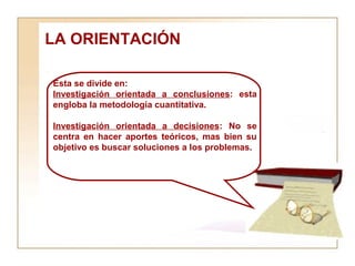 LA ORIENTACIÓN  Esta se divide en:  Investigación orientada a conclusiones : esta engloba la metodología cuantitativa. Investigación orientada a decisiones : No se centra en hacer aportes teóricos, mas bien su objetivo es buscar soluciones a los problemas. 