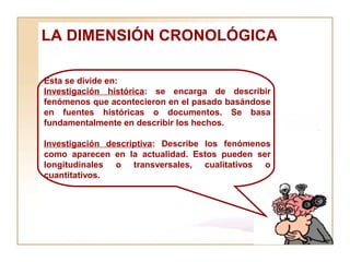 LA DIMENSIÓN CRONOLÓGICA  Esta se divide en: Investigación histórica : se encarga de describir fenómenos que acontecieron en el pasado basándose en fuentes históricas o documentos. Se basa fundamentalmente en describir los hechos. Investigación descriptiva : Describe los fenómenos como aparecen en la actualidad. Estos pueden ser longitudinales o transversales, cualitativos o cuantitativos. 
