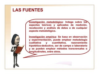 LAS FUENTES  Investigación metodológica : Indaga sobre los aspectos teóricos y aplicados de medición, recolección y análisis de datos o de cualquier aspecto metodológico.  Investigación empírica : Se basa en observación y experimentación, puede emplear metodología cualitativa y cuantitativa, razonamiento hipotético-deductivo, ser   de campo o laboratorio y se pueden emplear métodos transversales o longitudinales, entre otros. 