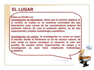 EL LUGAR  Estos se dividen en:  Investigación de laboratorio : Dado que el máximo objetivo es el control, se realiza en un ambiente controlado (de tipo laboratorio) pues carece de las características propias del ambiente natural. Se crea el ambiente óptimo, es de tipo experimental y emplea metodología cuantitativa. Investigación de campo : la investigación se centra en hacer el estudio donde el fenómeno se da de manera natural, de este modo se busca conseguir la situación lo más real posible. Se pueden incluir experimentos de campo y la investigación ex post facto empleando metodología cualitativa. 