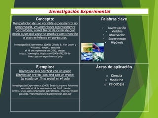 Investigación Experimental
                    Concepto:                                  Palabras clave
Manipulación de una variable experimental no
 comprobada, en condiciones rigurosamente                       •    Investigación
 controladas, con el fin de describir de qué                       •    Variable
modo o por qué causa se produce una situación                   •     Observación
       o acontecimiento en particular.                          •    Experimento
                                                                  •    Hipótesis
 Investigación Experimental (2006) Debold B. Van Dalen y
                William J. Meyer., extraída
           el 18 de septiembre del 2012, desde:
      http://noemagico.blogia.com/2006/092201-la-
              investigacion-experimental.php



                    Ejemplos:                                Áreas de aplicación
     Diseños de solo posttest con un grupo
   Diseños de pretest-posttest con un grupo:                         o Ciencia
      La escala de clima social en el aula                          o Medicina
Investigación Experimental (2009) Beatriz Arquero Palomino          o Psicología
      , extraída el 18 de septiembre del 2012, desde:
http://www.uam.es/personal_pdi/stmaria/jmurillo/Investi
      gacionEE/Presentaciones/Experimental_doc.pdf
 