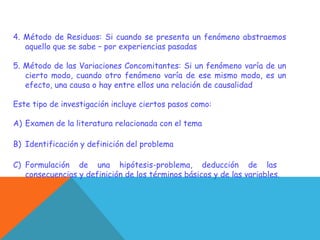 4. Método de Residuos: Si cuando se presenta un fenómeno abstraemos
aquello que se sabe – por experiencias pasadas
5. Método de las Variaciones Concomitantes: Si un fenómeno varía de un
cierto modo, cuando otro fenómeno varía de ese mismo modo, es un
efecto, una causa o hay entre ellos una relación de causalidad
Este tipo de investigación incluye ciertos pasos como:
A) Examen de la literatura relacionada con el tema
B) Identificación y definición del problema
C) Formulación de una hipótesis-problema, deducción de las
consecuencias y definición de los términos básicos y de las variables.
 