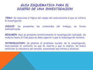 GUIA ESQUEMATICA PARA EL
DISEÑO DE UNA INVESTIGACION
TEMA: Se menciona el tópico del campo del conocimiento al que se refiere
la investigación.
INDICE: Se presentan los contenidos del trabajo, en forma
sistematizada.
RESUMEN: Aquí se presenta sintéticamente la investigación realizada. Se
redacta hasta el final pues se debe esperar a que la investigación termine.
INTRODUCCION: Se plantea el problema nuclear de la investigación,
mencionando el contexto en que se inserta y que lo explica. Se busca
enfatizar la relevancia del estudio, enunciando sus limites y alcances
 