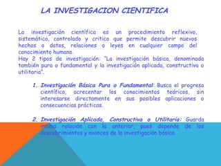 LA INVESTIGACION CIENTIFICA
La investigación científica es un procedimiento reflexivo,
sistemático, controlado y critico que permite descubrir nuevos
hechos o datos, relaciones o leyes en cualquier campo del
conocimiento humano.
Hay 2 tipos de investigación: “La investigación básica, denominada
también pura o fundamental y la investigación aplicada, constructiva o
utilitaria”.
1. Investigación Básica Pura o Fundamental: Busca el progreso
científico, acrecentar los conocimientos teóricos, sin
interesarse directamente en sus posibles aplicaciones o
consecuencias prácticas.
2. Investigación Aplicada, Constructiva o Utilitaria: Guarda
intima relación con la anterior, pues depende de los
descubrimientos y avances de la investigación básica.
 