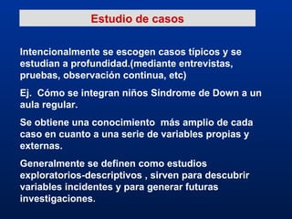 Estudio de casos Intencionalmente se escogen casos típicos y se estudian a profundidad.(mediante entrevistas, pruebas, observación continua, etc) Ej.  Cómo se integran niños Síndrome de Down a un aula regular. Se obtiene una conocimiento  más amplio de cada caso en cuanto a una serie de variables propias y externas. Generalmente se definen como estudios exploratorios-descriptivos , sirven para descubrir variables incidentes y para generar futuras investigaciones. 