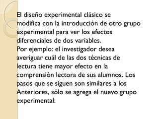 El diseño experimental clásico se
modifica con la introducción de otro grupo
experimental para ver los efectos
diferenciales de dos variables.
Por ejemplo: el investigador desea
averiguar cuál de las dos técnicas de
lectura tiene mayor efecto en la
comprensión lectora de sus alumnos. Los
pasos que se siguen son similares a los
Anteriores, sólo se agrega el nuevo grupo
experimental:
 