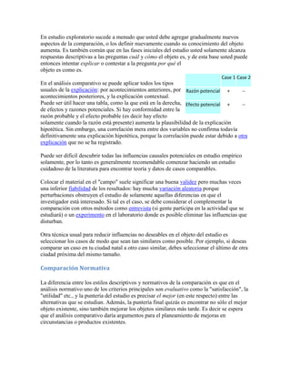En estudio exploratorio sucede a menudo que usted debe agregar gradualmente nuevos
aspectos de la comparación, o los definir nuevamente cuando su conocimiento del objeto
aumenta. Es también común que en las fases iniciales del estudio usted solamente alcanza
respuestas descriptivas a las preguntas cuál y cómo el objeto es, y de esta base usted puede
entonces intentar explicar o contestar a la pregunta por qué el
objeto es como es.
En el análisis comparativo se puede aplicar todos los tipos
usuales de la explicación: por acontecimientos anteriores, por
acontecimientos posteriores, y la explicación contextual.
Puede ser útil hacer una tabla, como la que está en la derecha,
de efectos y razones potenciales. Si hay conformidad entre la
razón probable y el efecto probable (es decir hay efecto
solamente cuando la razón está presente) aumenta la plausibilidad de la explicación
hipotética. Sin embargo, una correlación mera entre dos variables no confirma todavía
definitivamente una explicación hipotética, porque la correlación puede estar debido a otra
explicación que no se ha registrado.
Puede ser difícil descubrir todas las influencias causales potenciales en estudio empírico
solamente, por lo tanto es generalmente recomendable comenzar haciendo un estudio
cuidadoso de la literatura para encontrar teoría y datos de casos comparables.
Colocar el material en el "campo" suele significar una buena validez pero muchas veces
una inferior fiabilidad de los resultados: hay mucha variación aleatoria porque
perturbaciones obstruyen el estudio de solamente aquellas diferencias en que el
investigador está interesado. Si tal es el caso, se debe considerar el complementar la
comparación con otros métodos como entrevista (si gente participa en la actividad que se
estudiará) o un experimento en el laboratorio donde es posible eliminar las influencias que
disturban.
Otra técnica usual para reducir influencias no deseables en el objeto del estudio es
seleccionar los casos de modo que sean tan similares como posible. Por ejemplo, si deseas
comparar un caso en tu ciudad natal a otro caso similar, debes seleccionar el último de otra
ciudad próxima del mismo tamaño.
Comparación Normativa
La diferencia entre los estilos descriptivos y normativos de la comparación es que en el
análisis normativo uno de los criterios principales son evaluativo como la "satisfacción", la
"utilidad" etc., y la puntería del estudio es precisar el mejor (en este respecto) entre las
alternativas que se estudian. Además, la puntería final quizás es encontrar no sólo el mejor
objeto existente, sino también mejorar los objetos similares más tarde. Es decir se espera
que el análisis comparativo daría argumentos para el planeamiento de mejoras en
circunstancias o productos existentes.
Case 1 Case 2
Razón potencial + --
Efecto potencial + --
 