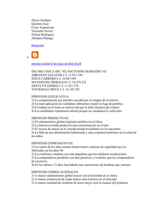 Dixon Arellano
Quintero José
Cesar Arguinzone
Torrealba Xavier
Nelson Rodriguez
Abrahan Piñango
Responder
2.
abrahan salazar17 de mayo de 2010 18:18
ING MECANICA SEC 702 NOCTURNO SEMESTRE VII
ABRAHAN SALAZAR C.I: 11.911.198
JESUS CARRERO C.I: 16.887.695
MAYERLING MORALES C.I: 16.474.222
ARVELYN GOMEZ C.I: 11.821.576
YOVIERGLE MOTA C.I: 16.192.703
HIPOTESIS EXPLICATIVA:
1) La contaminación por petróleo sucedió por el colapso de la tubería.
2) La mala aplicación de soldadura submarina originó la fuga de petróleo.
3) El trabajo en el torno se realizó mal por la falla electrica del control.
4) Los estudiantes reprobaron cálculo porque no estudiaron lo suficiente.
HIPOTESIS PREDICTIVAS:
1) El calentamiento global originará cambios en el clima.
2) La tuberia averiada producirá una contaminación en el mar.
3) El exceso de azucar en la comida producirá diabetes en los pacientes.
4) La falta de una alimentación balanceada y sana originará trastornos en la salud de
los niños.
HIPOTESIS COMPARATIVAS:
1) Los autos de los años sesenta tenian menos sistemas de seguridad que los
fabricados en los años 90.
2) Los telefonos celulares son más populares que los telefonos residenciales.
3) La computadoras portátiles son más practicas y versatiles que los computadores
de escritorio.
4) En los ultimos 15 años han habido más nacimientos de hembras que varones.
HIPOTESIS CORRELACIONALES:
1) A mayor calentamiento global mayor será el desorden en el clima.
2) A menor producción de crudo mayor será el precio en el mercado.
3) A menor cantidad de siembras de arroz mayor será la escasez del producto.
 