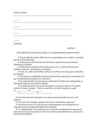 (Valor 3 puntos).
____________________________________________________________

______
____________________________________________________________

______
____________________________________________________________

______
____________________________________________________________

______

ANEXOS

                                                                    ANEXO 1

   LINEAMIENTO GENERALES PARA LA ELABORACION DE REACTIVOS

      ✓ El contenido del reactivo debe estar en correspondencia con el objetivo curricular
para el cual fue elaborado.
      ✓ Cada reactivo debe derivarse de una tabla de especificaciones previamente
elaborada en colegiado.
      ✓ Dicha tabla de especificaciones debe basarse en el perfil de referencia que
también se delimito previamente en colegiado.
      ✓ Tiene un grado de dificultad a corde con el criterio con el logo que se especifico
previamente.
      ✓ El esfuerzo o complejidad cognoscitiva (taxonomia cognoscitiva) corresponde a lo
que se determinó previamente y no a otro nivel.
      ✓ Su redacción debe ser clara precisa y delimitada. No debe tener ambigüedades ni
dejar dudas respecto a la conducta esperada.
      ✓ Su redacción debe evitar las formas negativas no, nunca, nada, etc. Se sugiere
utilizar el excepto. Ejemplo: Todos los anteriores son verbos regulares, excepto
a)_____________ b)_____________
       c) ______________ d) _____________.

   ✓ La información de la base debe ser la necesaria para responder aun sin ver las
opciones.
   ✓ Esta exento de “trampas, segundas intenciones o pretensiones capciosas”.
   ✓ Esta exento de claves o pistas que lleven (directamente o por eliminación) a la
respuesta correcta al margen del aprendizaje requerido.
   ✓ Es “independiente” en el sentido de que su solución no depende de la respuesta de
otros reactivos ni está mezclada con ellas. Los reactivos concatenados no se usan por sus
defectos metodológicos.
 
