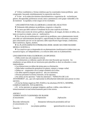 ✓ Utiliza vocabularios y formas sintéticas que los examinados tienen problema para
comprender, buscando simultáneamente la exposición más breve.
  ✓ Evitar en la redacción términos discriminatorios o sugerencias de exclusión por
género, discapacidad, preferencia sexual, etnia o pertenencia a otro grupo vulnerable a fin
de mantener la equidad y evitar sesgos en los resultados.

    LINEAMIENTOS PARA ELABORAR LA BASE DEL REACTIVO
   ❖ Solamente debe plantear un problema, exigencia o situación.
   ❖ La tarea que debe realizar el estudiante ha de estar explicita en la base.
   ❖ Debe estar exento de errores gráficos, tipográficos, de imagen, de datos en tablas, etc.,
tanto en reactivos simple, como en multireactivo.
   ❖ En el caso de un multireactivo a partir de un problema, caso o planteamiento inicial,
este debe ser suficientemente descriptivo, especificando los datos relevantes y necesarios
para solucionarlo aun sin ver las opciones; debe especificarse lugar tiempo, condiciones,
datos numéricos, figuras, etcétera.
   ❖ EL PLANTEAMINETO O PROBLEMA DEBE ABARCAR COMO MAXIMO
MEDIA CAURTILLA.
   ❖ Los reactivos que se desprenden de un planteamiento (multirreactivo) deben tener una
secuencia logica, ser independientes y su solucion debe estar en el planteaminto.

LINEAMIENTOS PARA ELEBORAR LAS OPCIONES
   o Debe existir una sola respuesta correcta
   o Los distractores se elaboran a partir del error más frecuente que incurren los
estudiantes así que deben de ser incorrectos pero placibles es decir no absurdos o cosas
improcedentes.
   o Las distracciones no deben dar pistas para su eliminación.
   o Debe haber coordinación gramatical en género, número y tiempo verbal.
   o Deben ser congruentes con el campo semántico de la base.
   o No debe repetirse ninguna opción ni aún con sinónimos.
   o Procure presentar la misma extensión, en las opciones.
   o No utilice en las opciones: “todas las anteriores”, “NINGUNA DE LAS
ANTERIORES”, etc., que solo representan la dificultad del elaborador para pensar en otras
opciones.
   o Evite las formas negativas (NO, NADA) o las absolutas (NUNCA, SIEMPRE,
COMPLETAMENTE, TOTALMENTE).
   o Si en las opciones se agregan imágenes, graficas o tablas, estas deben ser
minuciosamente revisad minuciosamente para evitar errores.

ANEXO 2
VERBOS SEGÚN TAXONOMIA DE BLOOM
|Conocimiento:               |Comprensión:                 |Aplicación:
|
|Recordar información           |Interpretar información poniéndola en|Usar
el conocimiento o la       |
|                     |sus propias palabras           |generalización en una nueva
situación |
 