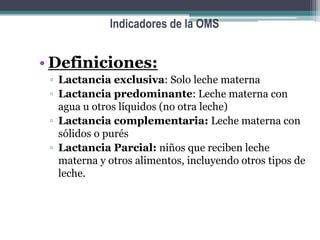 Indicadores de la OMS


• Definiciones:
 ▫ Lactancia exclusiva: Solo leche materna
 ▫ Lactancia predominante: Leche materna con
   agua u otros líquidos (no otra leche)
 ▫ Lactancia complementaria: Leche materna con
   sólidos o purés
 ▫ Lactancia Parcial: niños que reciben leche
   materna y otros alimentos, incluyendo otros tipos de
   leche.
 