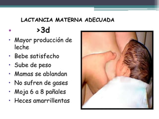 LACTANCIA MATERNA ADECUADA

•        >3d
• Mayor producción de
  leche
• Bebe satisfecho
• Sube de peso
• Mamas se ablandan
• No sufren de gases
• Moja 6 a 8 pañales
• Heces amarrillentas
 