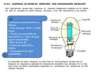 17.2.6. LAMPARAS DE VAPOR DE MERCURIO CON HALOGENUROS METALICOS
 Son básicamente iguales alas anteriores al introducir halogenuros metálicos en el interior
 de tubo se consigue un mayor eficacia luminosa y una fiel reproducción a los colores.




    Eficacia luminosa 65lm/w a
    90lm/w
    Vida útil larga 6000 y 10000
    horas
    Tiempo de encendido es
    lento entre 3 y 10min al igual
    que el reencendido
    IRC de 60 a 85
    Potencias entre 250 y
    5000w
    Temperatura de color:
    4000/6000k


    El encendido de estas lámparas es lento Para el funcionamiento de este tipo de
    lámparas es necesaria la aplicación de tensiones de encendido muy elevadas (1,5 a 5kv)
    para lo que se utilizan arrancadores especiales en combinación con reactancias de alto
    carácter inductivo.
 