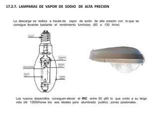 17.2.7. LAMPARAS DE VAPOR DE SODIO DE ALTA PRECION


   La descarga se realiza a través de vapor de sodio de alta presión con lo que se
   consigue levantar bastante el rendimiento luminoso (60 a 130 lm/w)




    Los nuevos desarrollos consiguen elevar el IRC entre 65 y80 lo que unido a su larga
    vida útil 12000horas los ase ideales para alumbrado publico ,zonas peatonales .
 