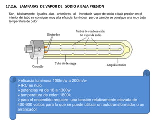 17.2.6. LAMPARAS DE VAPOR DE SODIO A BAJA PRESION
 Son básicamente iguales alas anteriores al introducir vapor de sodio a baja presion en el
 interior del tubo se consigue muy alta eficacia luminosa pero a cambio se consigue una muy baja
 temperatura de color




       eficacia luminosa 100lm/w a 200lm/w
       IRC es nulo
       potencias va de 18 a 1300w
       temperatura de color: 1800k
       para el encendido requiere una tensión relativamente elevada de
       400-600 voltios para lo que se puede utilizar un autotransformador o un
       arrancador
 