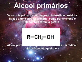 Álcool anidro
Álcool anidro é um álcool com até 1% de água (já que é
difícil a obtenção de álcool totalmente puro), e pode
ser adicionado à gasolina para aumento da octanagem.
 