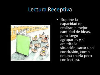Lectura Receptiva Supone la capacidad de realizar la mejor cantidad de ideas, para luego agruparlas y si amerita la situación, sacar una conclusión, como en una charla pero con lectura.